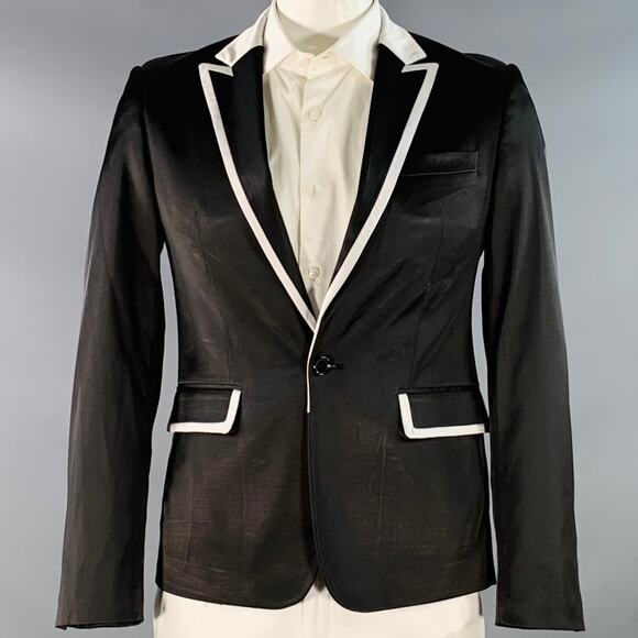 RAF SIMONS L Black White Satin Wool Acrylic Peak Lapel Contrast Trim Sport Coat - Picture 1 of 10